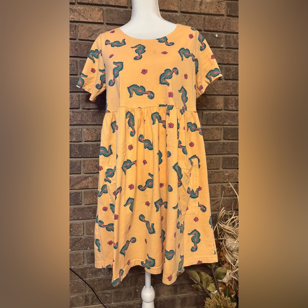 Zipcode Design Orange Midi Dress with Teal Seahorse Print